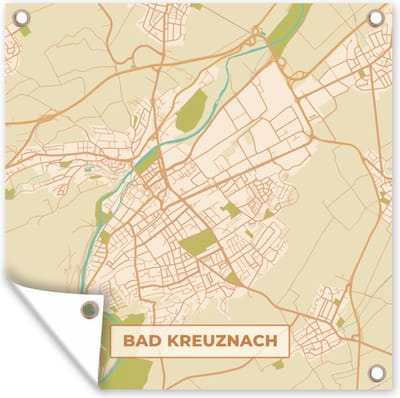 Tuin poster Plattegrond - Kaart - Bad Kreuznach - Vintage - Stadskaart - 200x200 cm - Tuindoek