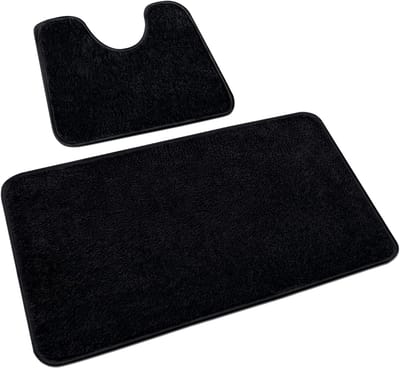 Famanu – 2 - Delige badkamertapijtenset - zachte microvezel badkamermat en toilettapijt met uitsparing - antislip badmat - wasbaar - zwart - 50 x 80 cm + 50 x 40 cm