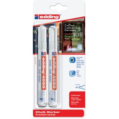 edding 4095 krijtstiften wit - 2 stuks raamstiften - krijtmarkers - ronde punt 2-3 mm - krijtstift voor krijtborden, uitwisbaar - voor het schrijven op ruiten, glas, spiegels - schudden en pompen voor gebruik