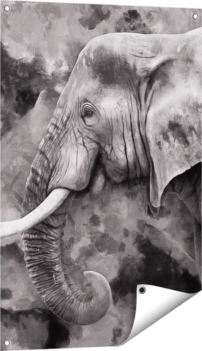 Gards Tuinposter Olifant - Abstract - Zwart Wit - 60x90 cm - Tuindoek - Tuindecoratie - Wanddecoratie buiten - Tuinschilderij