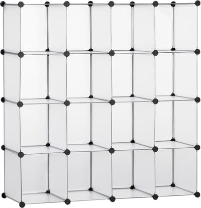 Modulaire Opbergkast 16 Kubussen 125x32x125 cm – 30x30x30 cm per Kubus – Stalen Opbergrek Wit – Stapelbaar Opbergsysteem voor Woonkamer en Slaapkamer