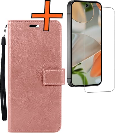 Hoes - Met Screenprotector - Geschikt voor Google Pixel 10 - Luxe Pasjeshouder - Bookcase Portemonee - Flip Case - Kunstleer Book Case - Flipcase - Book Cover - Walletcase - PortemonneeHoes - Rosé goud