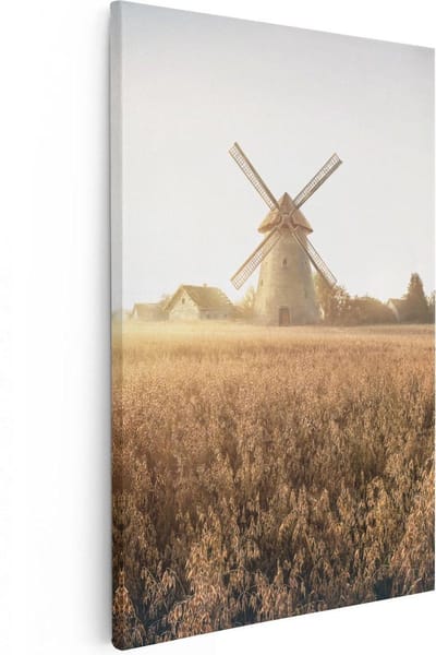 Artaza Canvas Schilderij Korenveld - 20x30 cm - Klein - Wanddecoratie Zonsondergang - Muurdecoratie Molen - Kamer Accessoires Landschap - Herfst