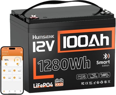 HumsiENK 12V 100Ah LiFePO4 lithiumbatterij met Bluetooth (groep 24), meer dan 15.000 diepe ontladingen, ingebouwd 100A BMS en bescherming tegen lage temperaturen, max. 1280 energie voor camper/boot/off-grid/thuis back-up