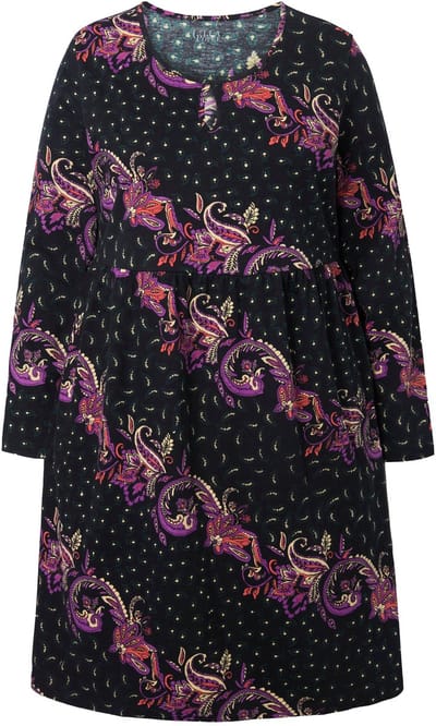 Ulla Popken - Dames - Jersey jurk paisley A-lijn ronde hals lange mouw - Zwart - Maat 42+