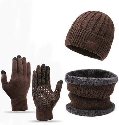 Set van 3 wintermuts, sjaal en handschoenen - Unisex - Dikke, koudebestendige sjaal, muts en handschoenen voor buiten - Muts 23*20cm - Sjaal 18*22cm - Handschoenen 21*12cm - Warmte voor buiten in de herfst/winter - Antislip handschoenen