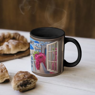 Magische Mok - Foto op Warmte Mokken - Koffiemok - Doorkijk - Santorini - Landschap - Blauw - Grieks - Magic Mok - Beker - 350 ML - Theemok