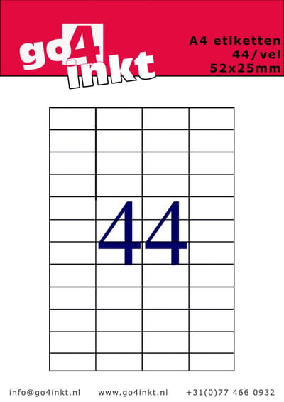 Go4inkt A4 Etiketten 44/vel 48,5mm x 25,4mm (100 vel) stickervellen wit