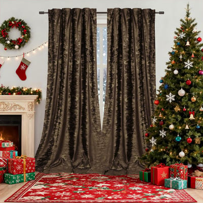 MUPOO Verduisterend Gordijn Kant en Klaar – 2 Stuks Fluweel Gordijnen, Warmte-Isolerend & Lichtblokkerend – Ideaal voor Woonkamer en Slaapkamer in de Winter – Met Gouden Print – Donkerbruin 132 cm x 213 cm
