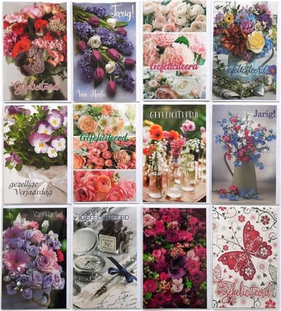 Verjaardag Wenskaarten - 12 Stuks - Bloemen - Gefeliciteerd - L-184