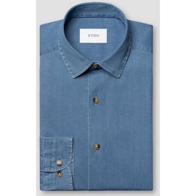 Eton Overhemd Solid Color Lightweight Denim Stretch Blauw / male