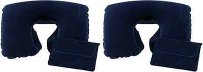 Opblaasbaar nekkussen - 2x - blauw - pvc - 35 x 23 x 9 cm - vliegtuig/trein/auto - op vakantie