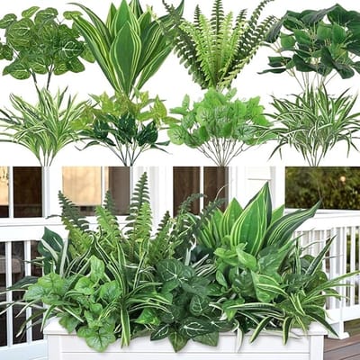 Set van 18 Kunstplanten - Groene Bladeren met Stengels - Boston Varen - Buiten Faux Planten voor Patio, Tuin, Voorveranda, Planter, Venster Decor