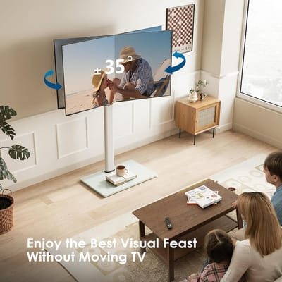 TV-standaard vloer voor 32-43 55 60 inch TV, 70° draaibaar & 8 hoogte verstelbaar white TV stand floor universeel voor vlakke & gebogen LCD LED OLED TV enz, Max VESA 600x400mm (Zacht Wit)