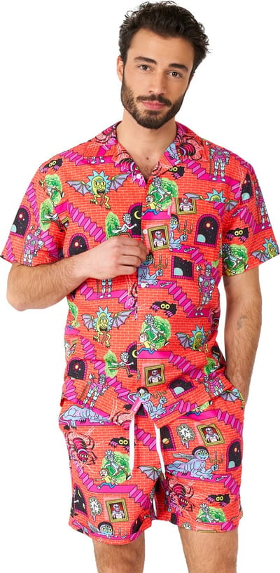 OppoSuits Rick & Morty™ Surreal Heren Zomer Set  - Bevat Shirt En Shorts - Tropische Zwem Kleding - Rood - Maat S
