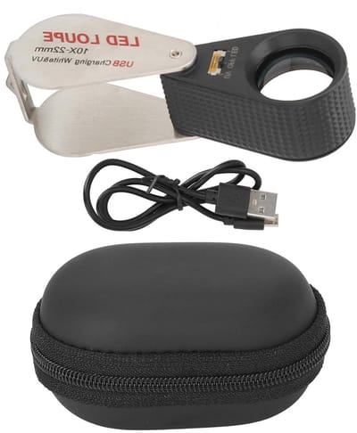 Opvouwbaar LED UV-vergrootglas 10X - Juweliersloepzak - Oplaadbaar - Identificatievergrootglas - 60mm x 30mm - USB-oplaadkabel - Opbergtas Juweliersloep
