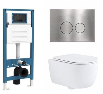 QeramiQ Dely Swirl Toiletset - inbouwreservoir Qeramiq Flush - slim zitting - metaal RVS bedieningsplaat - ronde knoppen - glans wit