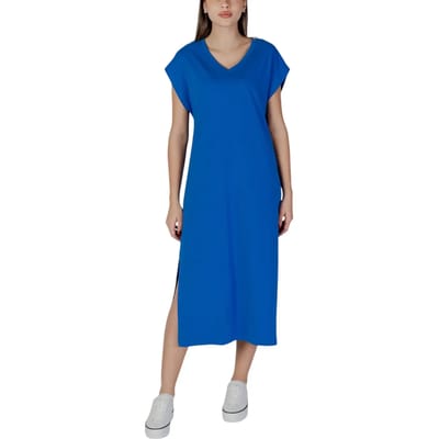 V-Neck Midi Jersey Dress Casual Style Wo - Blue Dresses