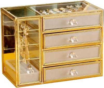 Sieraden opbergdoos - Make-up organizer - Sieraden organiseren - Vijf uittrekbare lades - 25x13.5x19.5cm - Glas