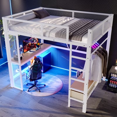Metalen hoogslaper 140x200 met bureau - LED-verlichting met 16 kleuren - USB-aansluiting - 3 opberglades - open kledingrek - wit