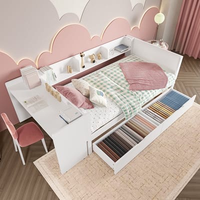 DESMIU Eenpersoonsbed 90x200 cm – Met Bureau en Planken – Met 2 Opberglades en Hoog Hekwerk – Voor Kinderkamer en Compact Wonen – Grenen – Wit – Zonder Matras