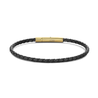 CO88 Collection 8CB-90908 Stalen Armband - Dames - Leer - Gevlochten - 18.5 cm - Zwart - 3 mm - Goudkleurig