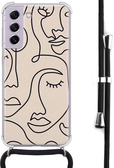 Hoesje met koord - Geschikt voor Samsung Galaxy S21 FE - Abstract faces - Verstelbaar zwart koord - Crossbody - Print / Illustratie - Transparant, Beige - Leuke Telefoonhoesjes