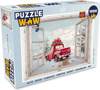 Puzzel Auto - Rood - Cadeaus - Winter - Kerst - Doorkijk - Wit - Legpuzzel - Puzzel 1000 stukjes volwassenen - Kerst - Cadeau - Kerstcadeau voor mannen, vrouwen en kinderen