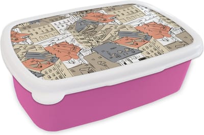 Broodtrommel Roze - Lunchbox - Brooddoos - Gebouw - Patronen - Steden - 18x12x6 cm - Kinderen - Meisje