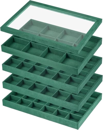 Stapelbare sieradendisplay met deksel, fluwelen sieradenorganizer voor ringen, oorbellen, halskettingen en armbanden in donkergroen - Perfect voor opbergen en organiseren