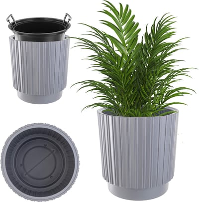 KADAX Decoratieve bloempot met binneninzetstuk, ronde bloempot, sierpot van kunststof, voor binnen en buiten (grijs, 30 cm)