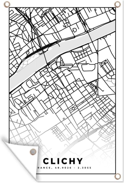 Muurdecoratie Kaart - Stadskaart - Clichy - Frankrijk - Plattegrond - Zwart wit - 120x180 cm - Tuinposter - Tuindoek