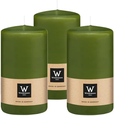 Wiedemann Cilinderkaars/stompkaars - 3x - olijfgroen - 12 x 6 cm - 33 branduren - zuilkaarsen