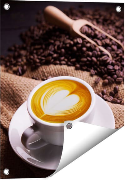 Gards Tuinposter Kopje Koffie in een Hartje met Koffiebonen - 40x50 cm - Tuindoek - Tuindecoratie - Wanddecoratie buiten - Tuinschilderij