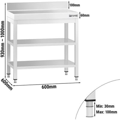 GGM Gastro Edelstahl Arbeitstisch PREMIUM - 600x600mm - mit Grundboden, Aufkantung & Zwischenboden Zilver