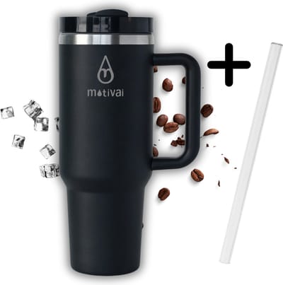 Motivai Tumbler - Zwart - 30oz - Travel Cup - RVS Thermosbeker met Handvat en Rietje – Drinkbeker To Go - 0.9 Liter - Koffiebeker - Mug - Thermosbeker - Thermosfles - Thermoskan