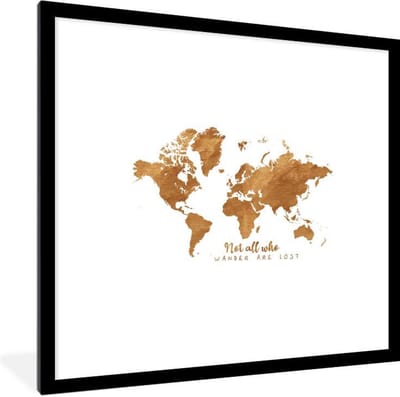 Poster in lijst - Fotolijst 40x40 cm - Posters - Wereldkaart - Brons - Quote - Posterlijst zwart - Decoratie - Wanddecoratie woonkamer - Muurdecoratie slaapkamer