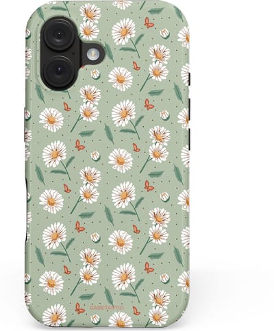 Casetastic hoesje geschikt voor Apple iPhone 16 - MagSafe - Dubbellaagse bescherming - Vleugels en madeliefjes - Fashion Case - Saliegroen Lichtgrijs Wit