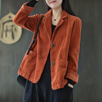 Corduroy Pakkraag Effen Kleur Kort Jasje Dames Lente en Herfst Lange mouwen Zak Literaire Retro Casual Jas Top M brown