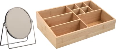 MSV Make-up organizer 9 vaks en luxe spiegel set - 33 x 21 cm - bamboe/metaal - bruin/zilver
