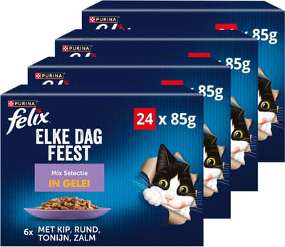 Felix Elke Dag Feest Mix Selectie in Gelei - Kattenvoer Natvoer - Kip Rund Tonijn & Kabeljauw - 96 x 85 g