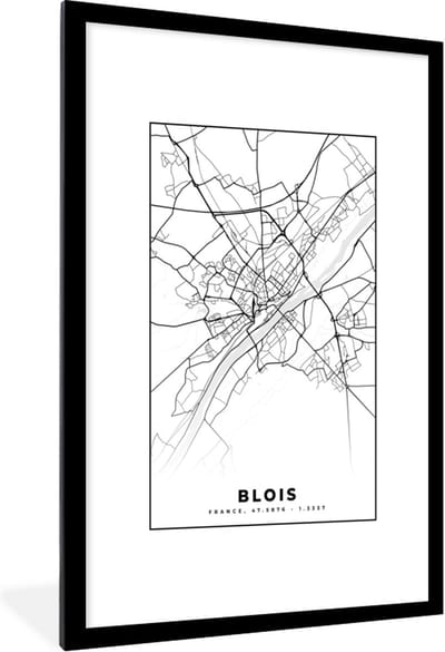 Fotolijst incl. Poster Zwart Wit- Kaart - Stadskaart - Frankrijk - Blois - Plattegrond - Zwart wit - 80x120 cm - Posterlijst