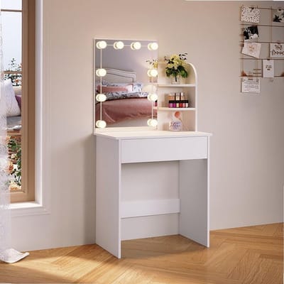 Sierra, Make-uptafel, kaptafel met spiegel, ledverlichting, laden, 3 open vakken, 3 lichtmodi, 10 helderheidsniveaus, cosmeticatafel, make-uptafel, slaapkamer, wit, 70 x 40 x 140 cm.