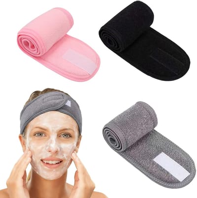 Set van 3 Verstelbare Gezichtsbands voor Dames, Ideaal voor Make-up, Sport en Huidverzorging, Zacht en Comfortabel in Zwart, Grijs en Roze