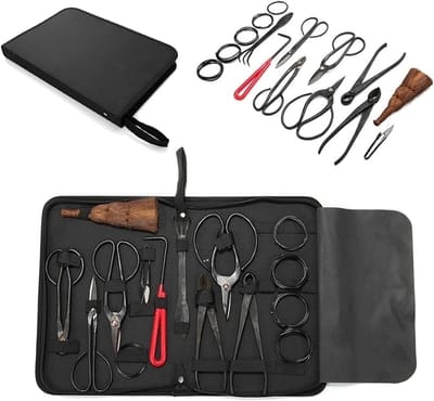 Bonsai Tool Set 15 delig - Carbon Staal - Compleet met Scharen en Hark - Perfect voor Bonsai Onderhoud