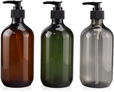 QTTVBTNA 3 stuks Zeepdispenser – Pompflessen - PET flessen - met pomp – 300ml – Lege Flacons voor Zeep, Lotion, Shampoo – Herbruikbaar & Decoratief– bruin/groen/grijs