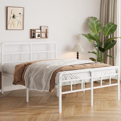 Bedframe 135 x 190 met Hoofdbord en Voeteneind, 46 cm Hoogte Metaal Tweepersoonsbed met Zware Metalen Lattenbodem, Minimalistisch Ontwerp, Eenvoudig te Monteren, Geluidsarm, Wit