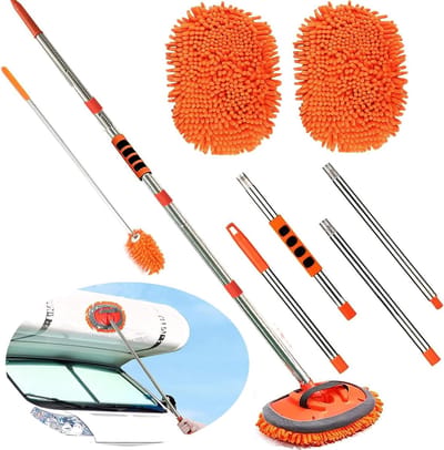 Autoreinigingsborstel 50-160cm - Lange Steel - Chenille Microvezelmop - Krasvrij - Autoreinigingsset - 2 Mopkoppen - Glasreiniger - Auto's Caravans autowasborstel telescopische