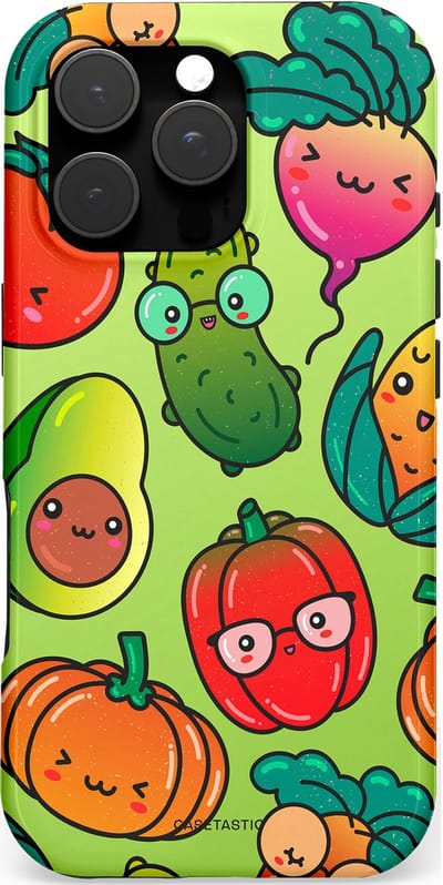 Casetastic hoesje geschikt voor Apple iPhone 16 Pro - MagSafe - Dubbellaagse bescherming - Cartoon Groente Mix - Fashion Case - Olijfgroen Goud Oranje Rood