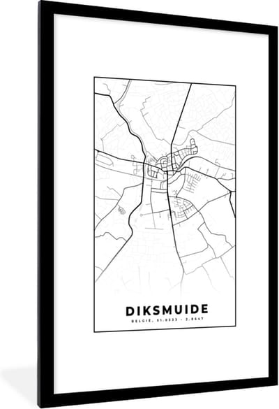 Fotolijst incl. Poster Zwart Wit- België – Diksmuide – Stadskaart – Kaart – Zwart Wit – Plattegrond - 80x120 cm - Posterlijst